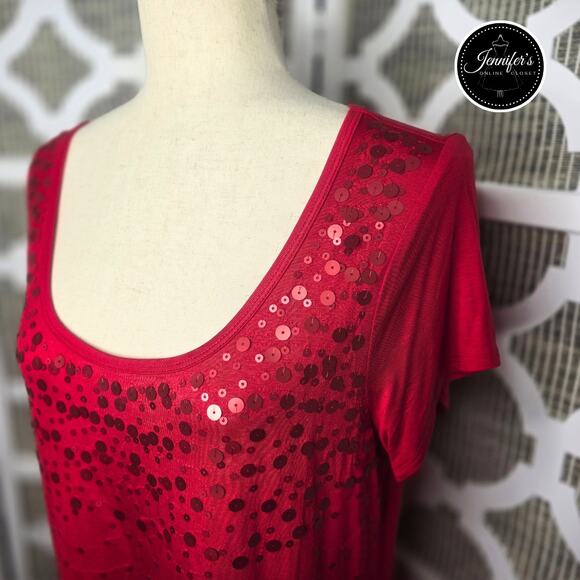 Relativity Red Sequin Scoop Neck Short Sleeve Knit Top Size PL - Picture 2 of 10